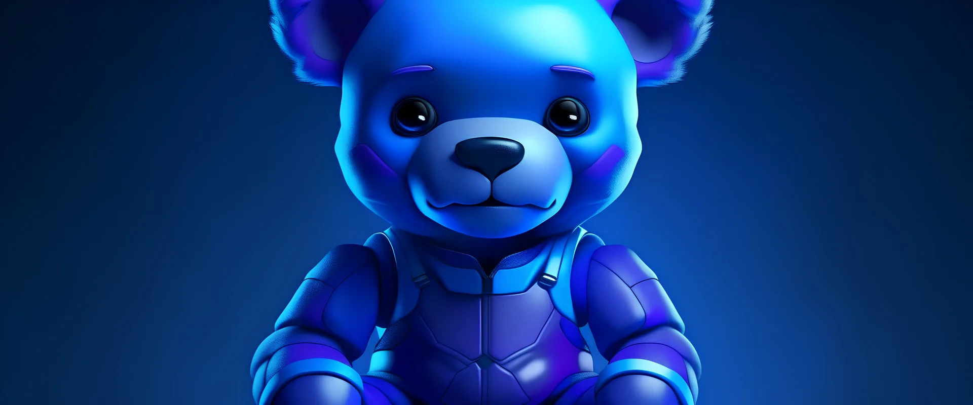 Android, female, looks like it's not an Android, looks like a plush toy, looks like a teddy bear, half purple, half blue, has sharp teeth, concept art, blue print.