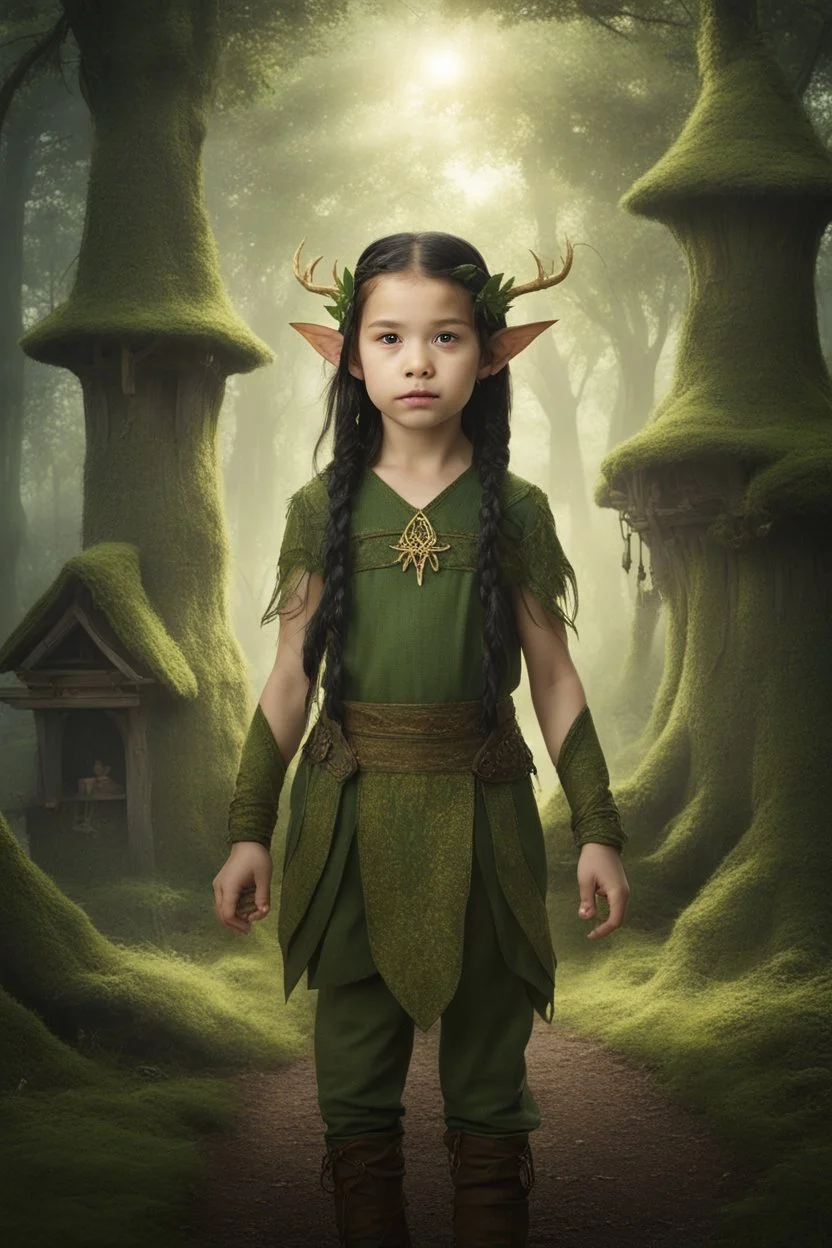 Little girl of five years old, very cute, with elven ears, golden eyes and long black braids, serene look, dressed in primitive green elven clothing, surrounded by a mystical golden aura, with a background of a primitive elven village in the forest