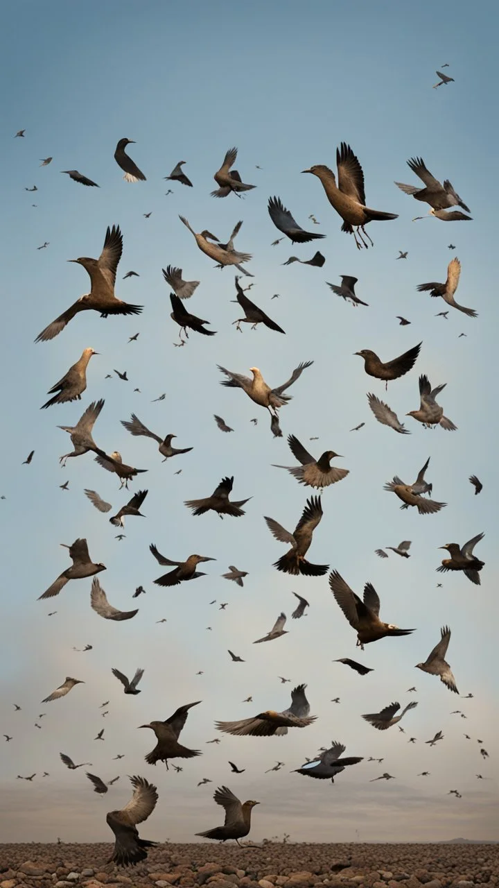 Many birds in the sky, carrying stones in their legs