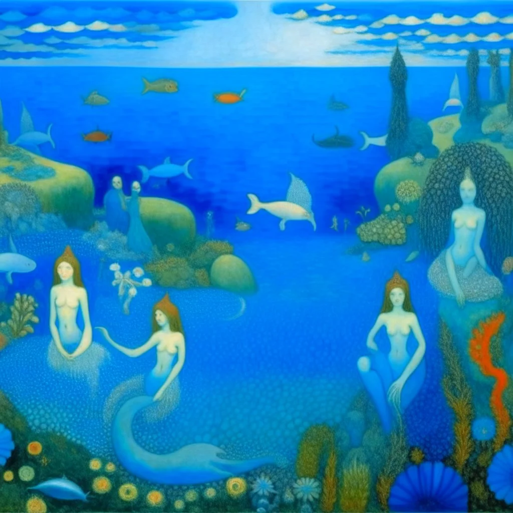 A blue reef filled with mermaids painted by Georges Seurat