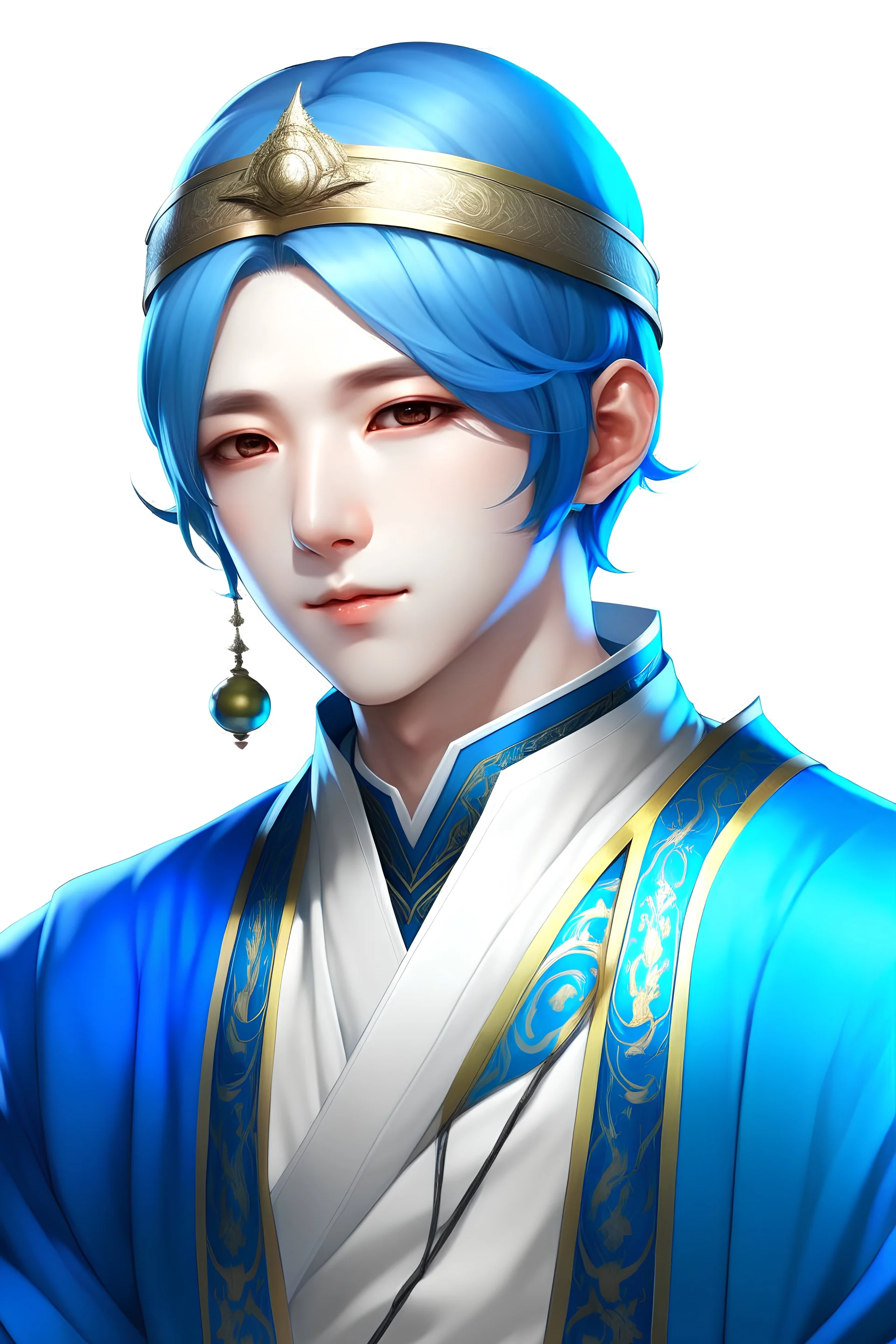 A white-skinned Korean person with blue hair, black eyes, and wearing a royal outfit