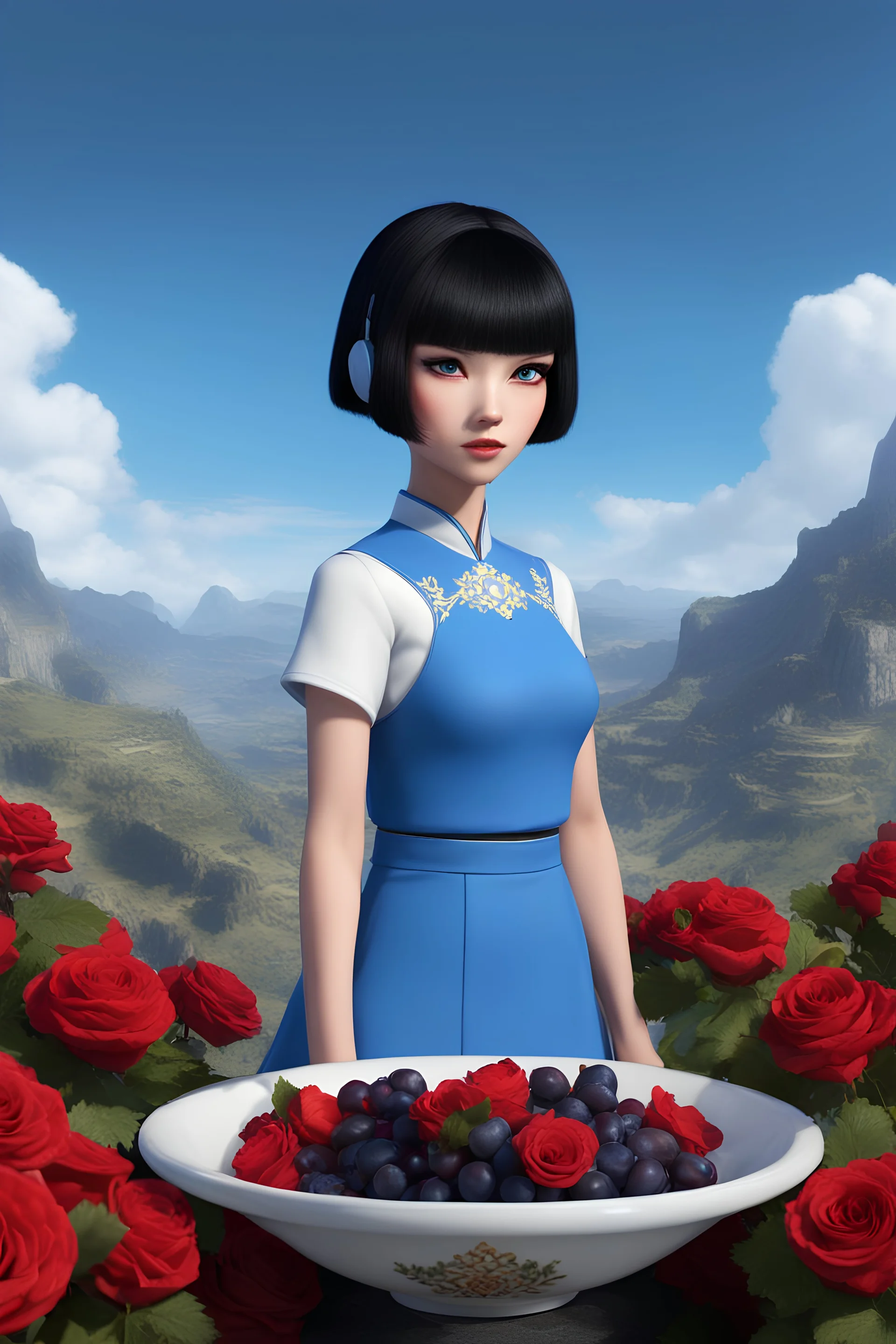 3D - full body - Horror of the Planet of the Grapes - black hair, Deep Blue Eyes - head and shoulders portrait - Lenna, part grape, part human, short, bowl-cut, straight black hair, the bangs cut straight across the forehead, she resembles a China doll, and she resembles Spock - Mountains, blue skies, clouds, red roses, blue roses, yellow roses, honeysuckle roses, carnations, lilacs, professional quality, 32k, UHD, glossy, 1080p, Extremely high resolution Digital photograph