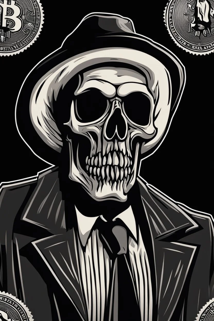 ultra high image quality, Grim Reaper, WEARING A 3 PIECE SUIT, POSED FOR DOLLAR BILL PORTRAIT, LINE TONE, WSJ STYLE, HEDCUT, Close-up of an set against AMOLED-worthy pure black backdrop, fantasy art style infused with filter, tailored for vertical wallpaper, exclusive design with no duplicates, radiating beauty suitable for a PC screen image, vivid colors, ultra fine, digital painting, BASED ON THE UNITED STATES TREASURY NOTE ONE DOLLAR BILL