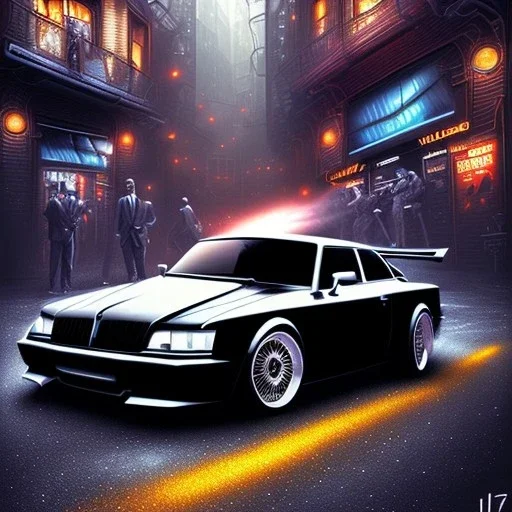 spray paint art, long shiny flat black car, two men in suits with big machine guns and great style,evening, seen from balcony, dirty city alley, heist action, book cover