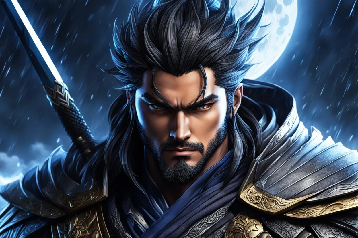 Yasuo in 8k realistic anime drawing style, machine venom them, fantasy world, moon, rain, highly detailed, high details, detailed portrait, masterpiece,ultra detailed, ultra quality