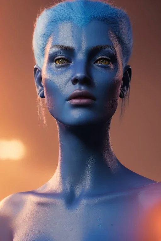 portriate of beautiful blue na'vi warrior, volumetric lighting, particles, intricate detail, realistic, close up