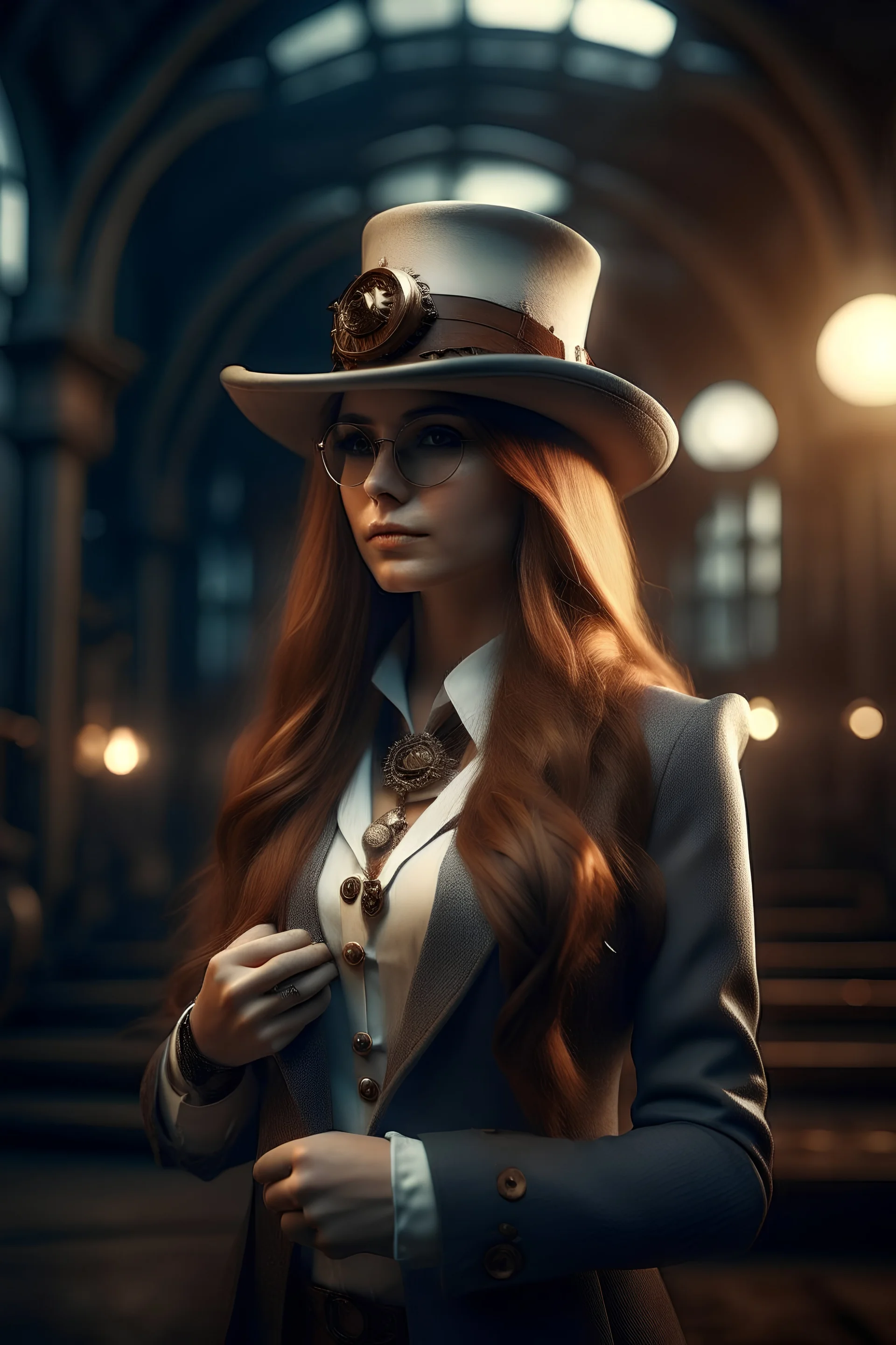 Steampunk lady with a hat, long wavy hair, a cardigan, a a little pomerian wears suit and white sneakers, dramatic lighting, matte painting, highly detailed, cgsociety, hyperrealistic, --no dof, --ar 2:1