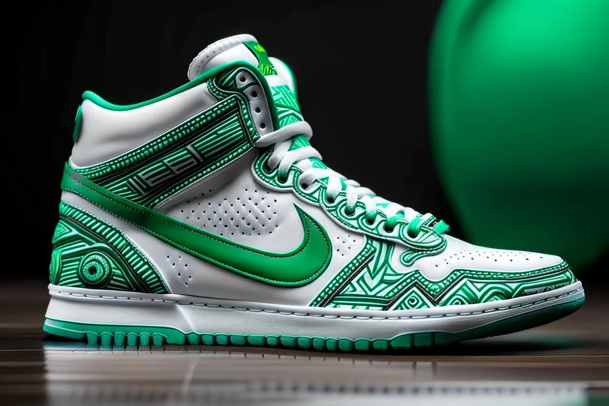 A futuristic white and green heavy sneaker based on mexican traditional aztec art, nike logo trade mark