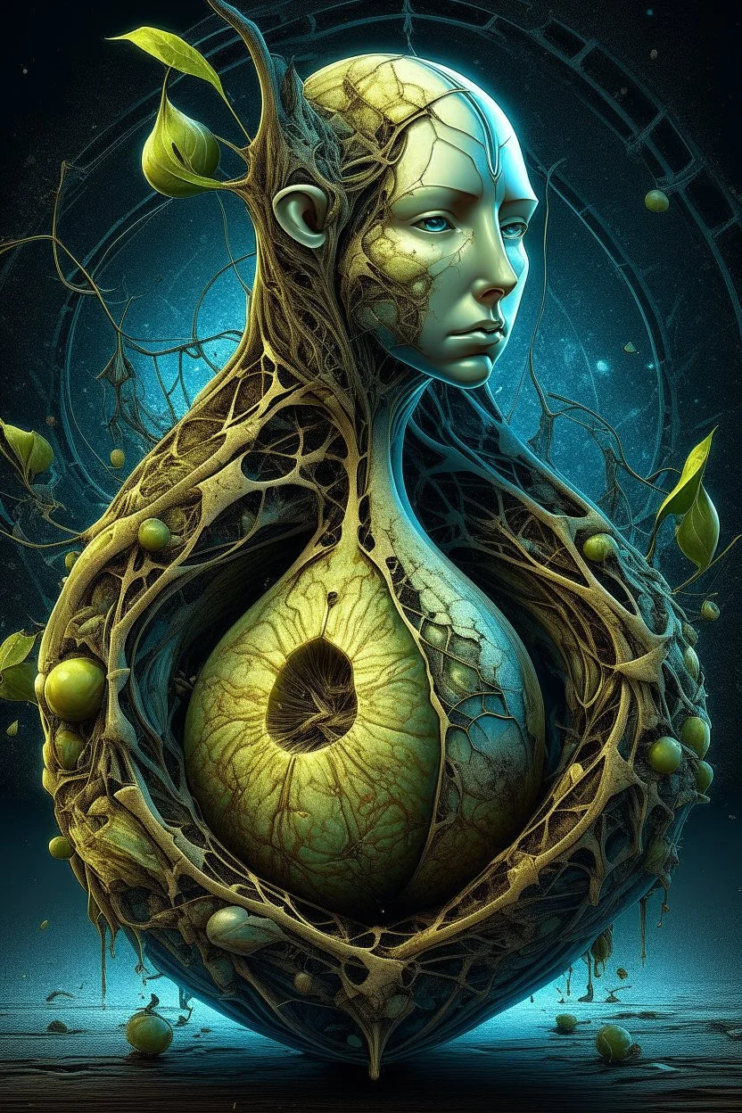 Grunge, woman as a decaying dried out Pear intricately showing its internal structure and seeds, cyberpunk, ultra unique natural textures, slight imperfections, vray.