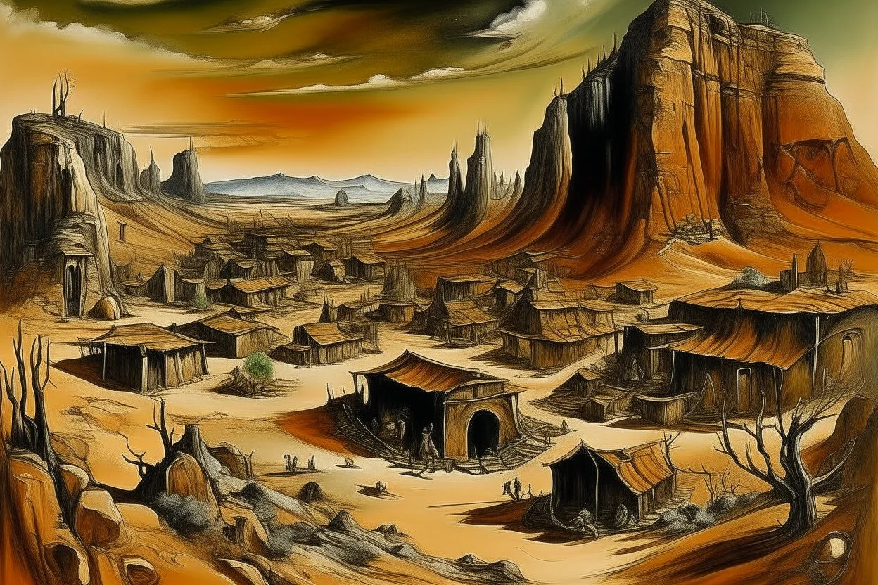 A brownish bronze underground mining village painted by Salvador Dali