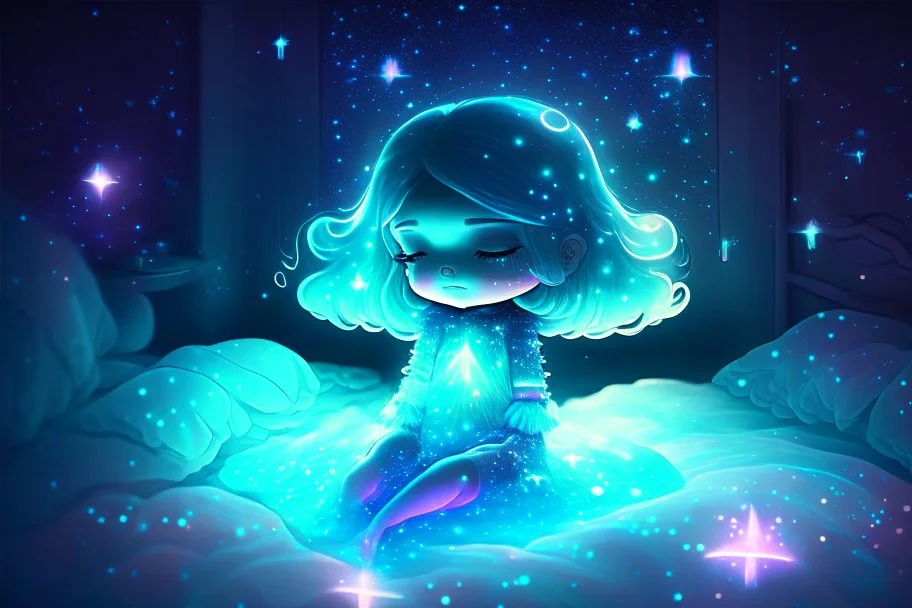 Cute chibi bioluminescent woman in holographic dress in sleeping room in starshine