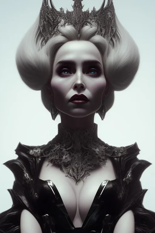 Constance Langdon as evil queen in black leather, leather, busty, cleavage, angry, stern look. character design by cory loftis, fenghua zhong, ryohei hase, ismail inceoglu and ruan jia. unreal engine 5, artistic lighting, highly detailed, photorealistic, fantasy