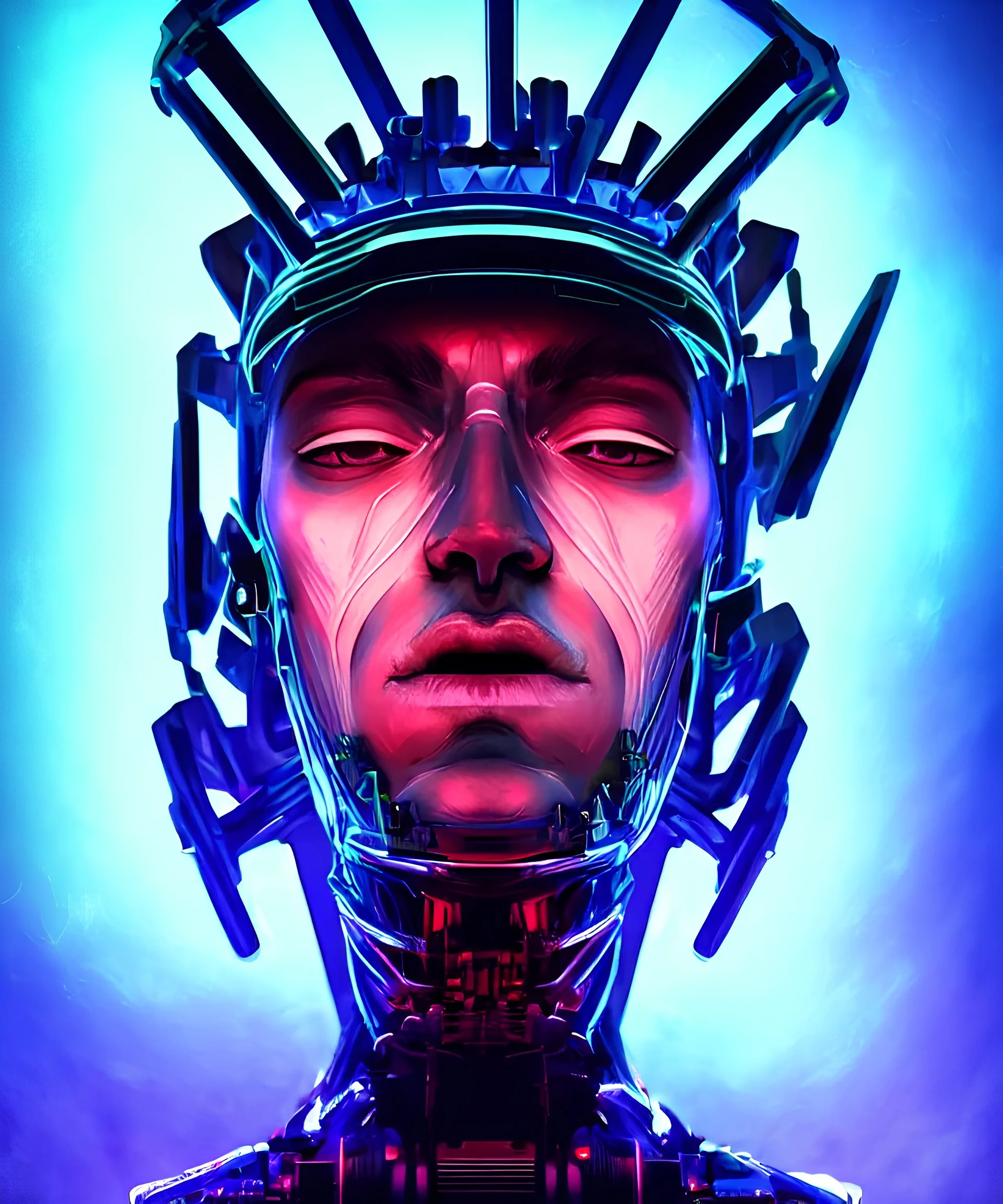 Symétrie!! Digital art portrait d'un roi cyborg guerrier avec sa couronne, science fiction, cyberpunk post apocalyptique future, sombre et coloré à la fois, contours fins néon bleu foncé, éclairage profond, décor extérieur neo tokio akira movie, angle de vue panoramique,hdr, 16k, octane effect, rendering 3d zoom x2, flou gaussien, cinema 4d
