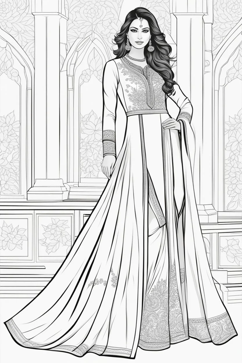 Coloring page for adults of a elegant fashion model woman wearing hindi dress, dynamic poses, full body portrait, thick and clean lines, clean details, no-color, no-turban, no-background, non color, non shading, no-grayscale, dynamic poses, full body portrait, thick and clean lines, clean details, no-color, no-turban, , non background, non color, non shading, no-grayscale, no color hair