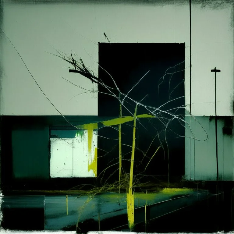 Minimal abstract oil painting of a plant in concrete warehouse brutalist architecture and hanging wires illuminated at night. With triadic colours. In the style of Justin Mortimer and Phil Hale, Ashley Wood