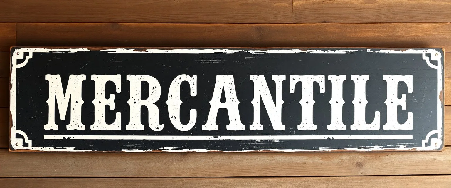 fill composition with large and wide hand painted old western sign that reads: "MERCANTILE" white on black with inset white stripe aged paint sanserif
