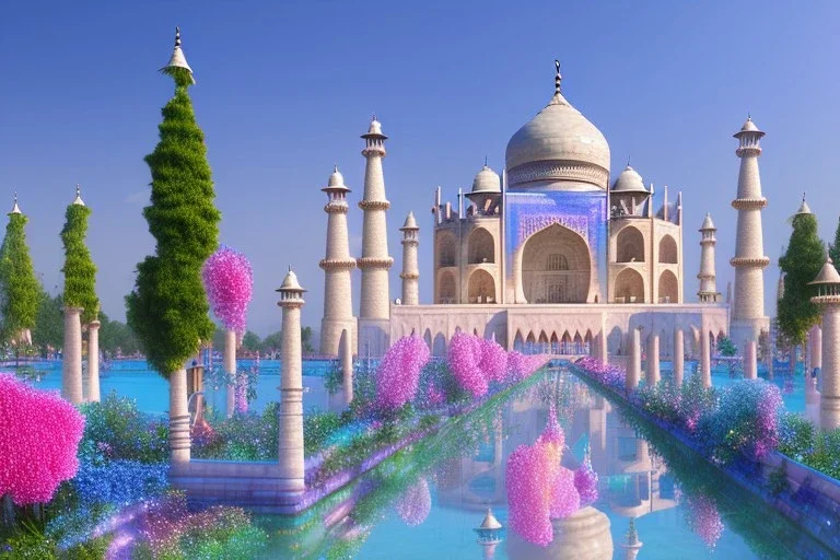 cascade,a magical crystal blue gold taj mahal,flower parc bougainvillier, blue lake,sun,white swanns,pink vertical, blue lake,sharp, vines, candlelit, endor, ornate, elegant, highly detailed, artstation, concept art, smooth, sharp focus, illustration, 8k, splash art, wallpaper, key visual