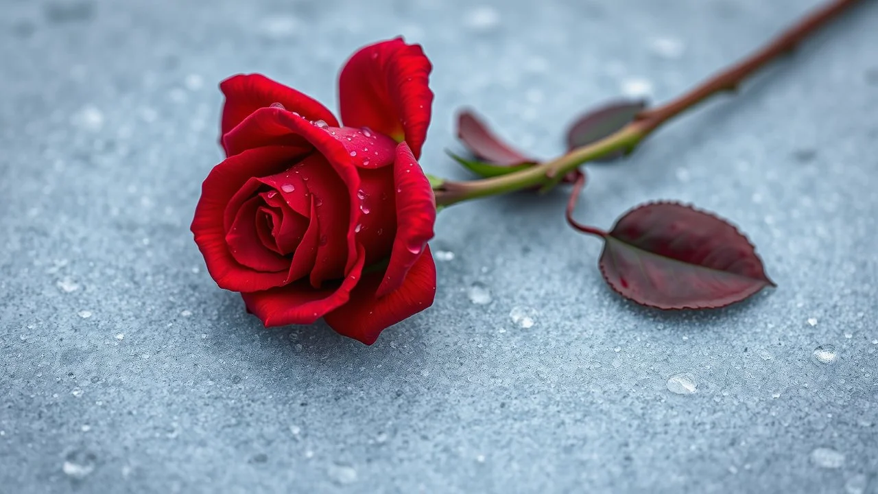 A Realistic Looking Beautiful Red Rose With Water Droplets On Its Petals With Its Branch Lying On A Frozen Floor.