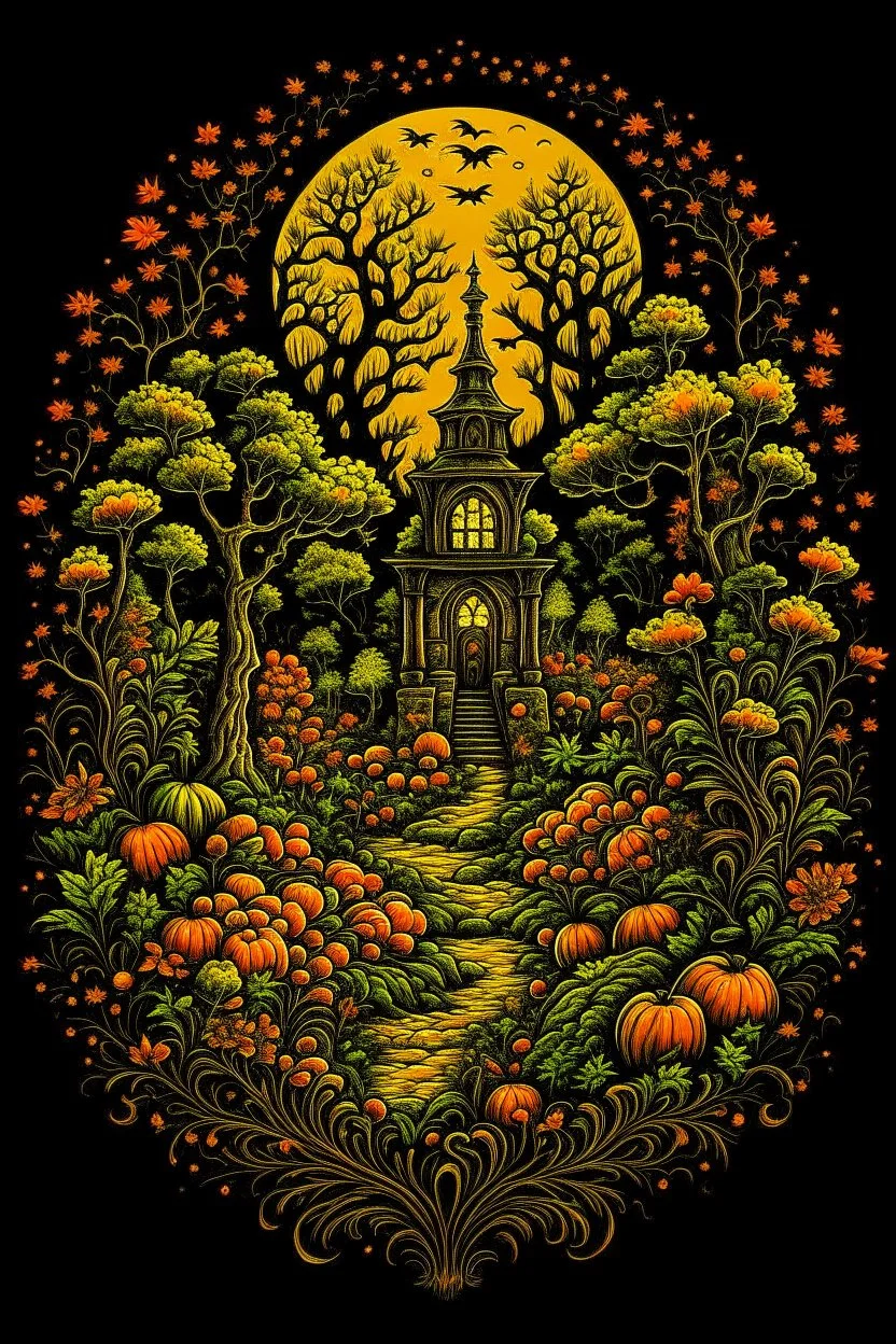 Autumn Evening Garden T-Shirt Design, Black Background, by Andrew Ferez