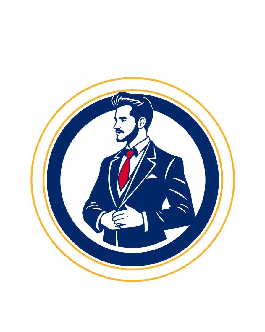 A circular logo with a vector of a groom in a suit at the top of the logo in a blue, red, white and gold color theme.