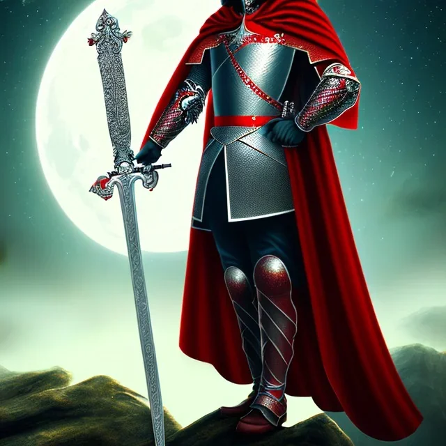 Standing king with his sword , portrait , red cape , armor , night , full moon , Stars , long hair