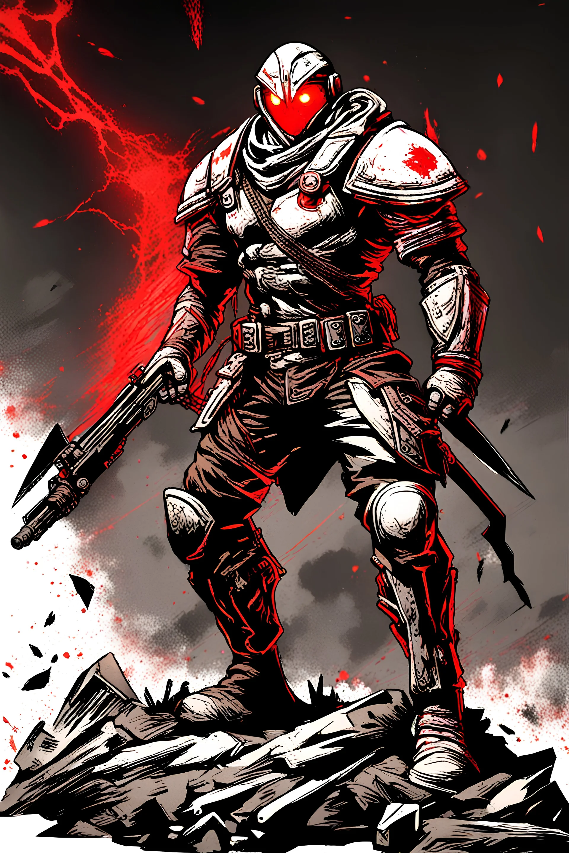 RAZE, the heroic war soldier, tough, glowing red eyes, glowing red small traingle in chest, warrior