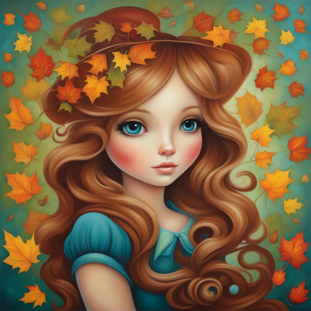Masterpiece, best quality, Jeremiah Ketner style painting of a portrait of a girl in autumn park, autumn leaves in background, painted by Jeremiah Ketner