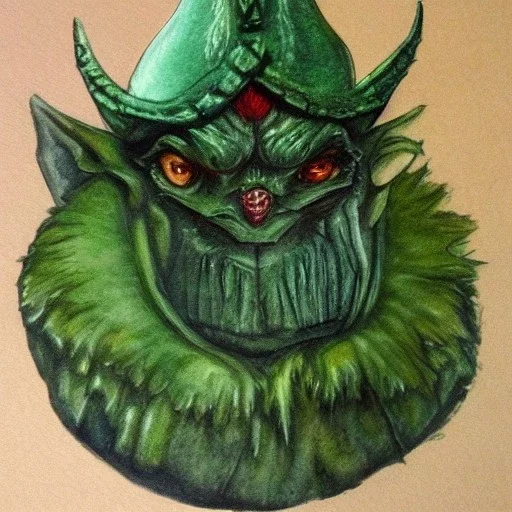 dungeons and dragons, fantasy, goblin, king, green skin, watercolour, large strokes, distinct face, portrait, head, crude crown