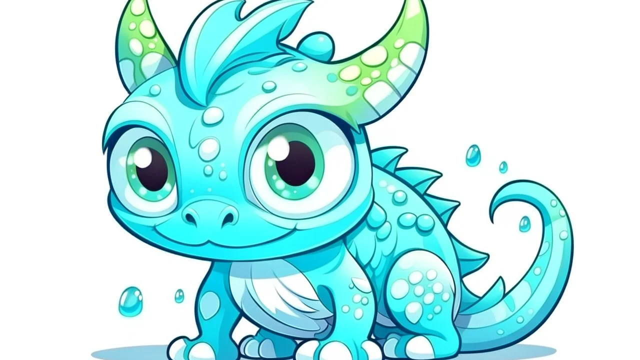 cartoon illustration: a cute little ice dragon with big shiny eyes