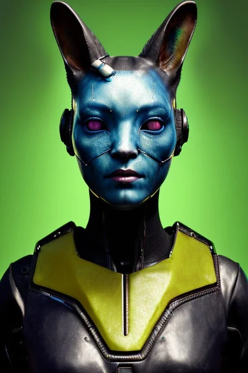 Medium Close Up Portrait, Front image. cyberpunk, rabbit mask, asian woman, cyber head. Latex dress. Yellow, black, color. Mad max style. Color background, photo studio. Avatar image, highly detailed, concept art, smooth, unreal engine 5, ray tracing, RTX, lumen lighting, ultra detail, volumetric lighting, 3d, finely drawn, high definition, high resolution.