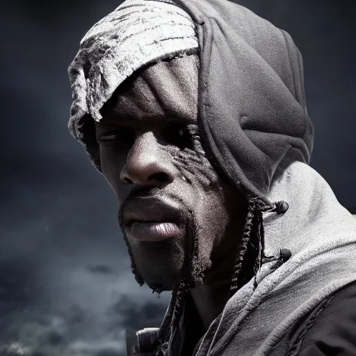 mysterious, black man, long curly black hair, scar on eye, hooded, post-apocalyptic, realistic, intriacte detail, sci-fi fantasy style, volumetric lighting, particales,highly detailed,cinamatic, deep colours,8k