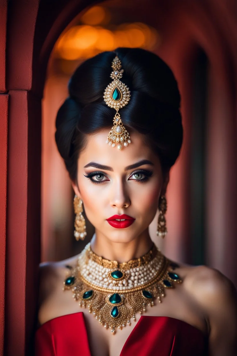 full length, young woman Portrait, detailed eyes, with spectacular red lips, Eyeliner "beautiful eye" with clear eyebrows, dress with a narrow waist, modest jewelry with subtle eyeliner, centered, symmetry, intricate, volumetric lighting, beautiful, rich deep colors masterpiece, sharp focus, ultra detailed, 8K, dslr, no crop, grand ballroom background, normal eyes