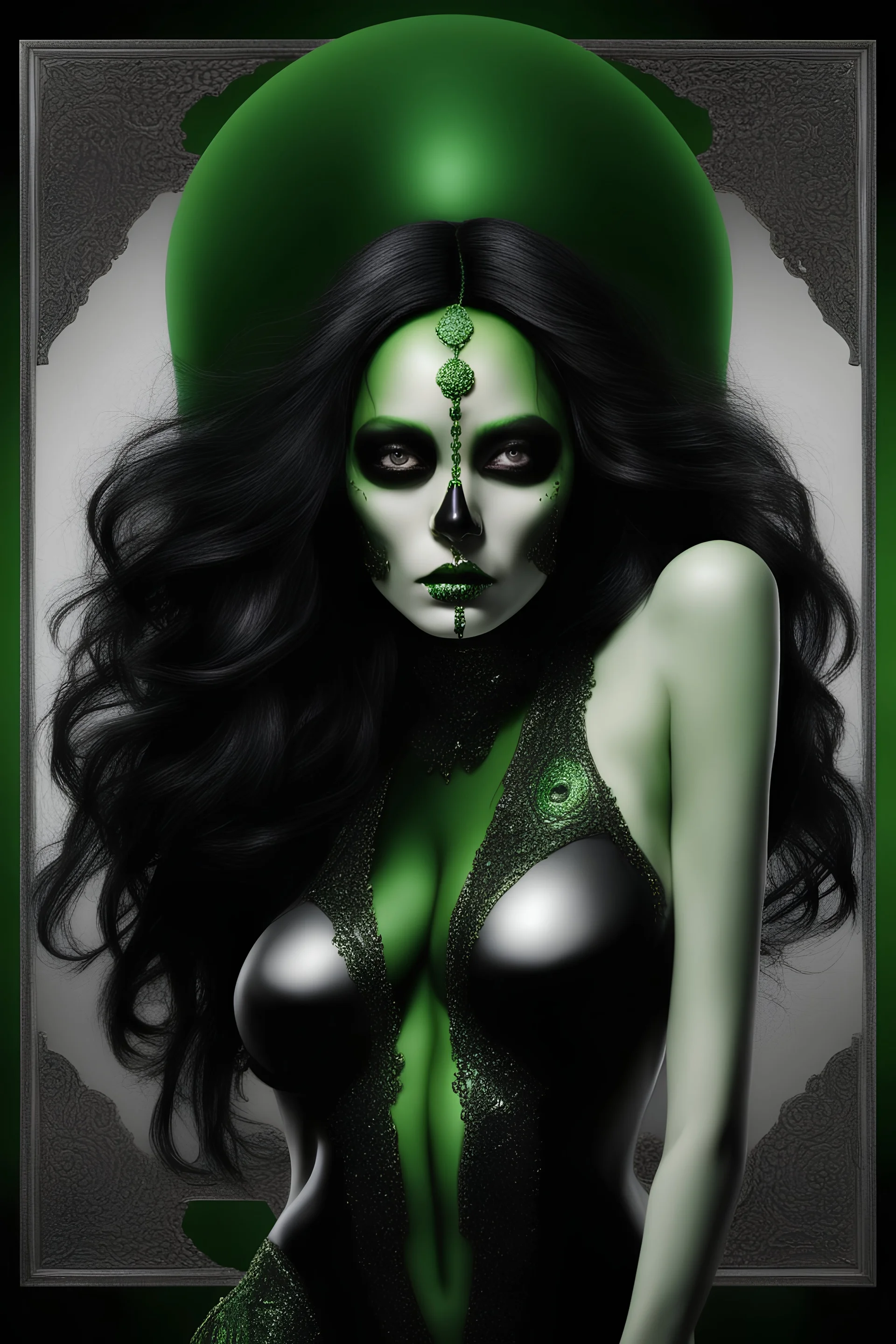 inspired by all the works of art in the world - A Fantastical Heavy Metal Rock and Roll Comedy in 3 notes - Zym Fandell, an extremely tiny, thin, voluptuous beautiful skull-faced Green Martian female with long, black hair, full body image, wearing a skinsuit, Absolute Reality, Reality engine, Realistic stock photo 1080p, 32k UHD, Hyper realistic, photorealistic, well-shaped, perfect figure, perfect face, a multicolored, watercolor stained, wall in the background, hickory dickory Clock