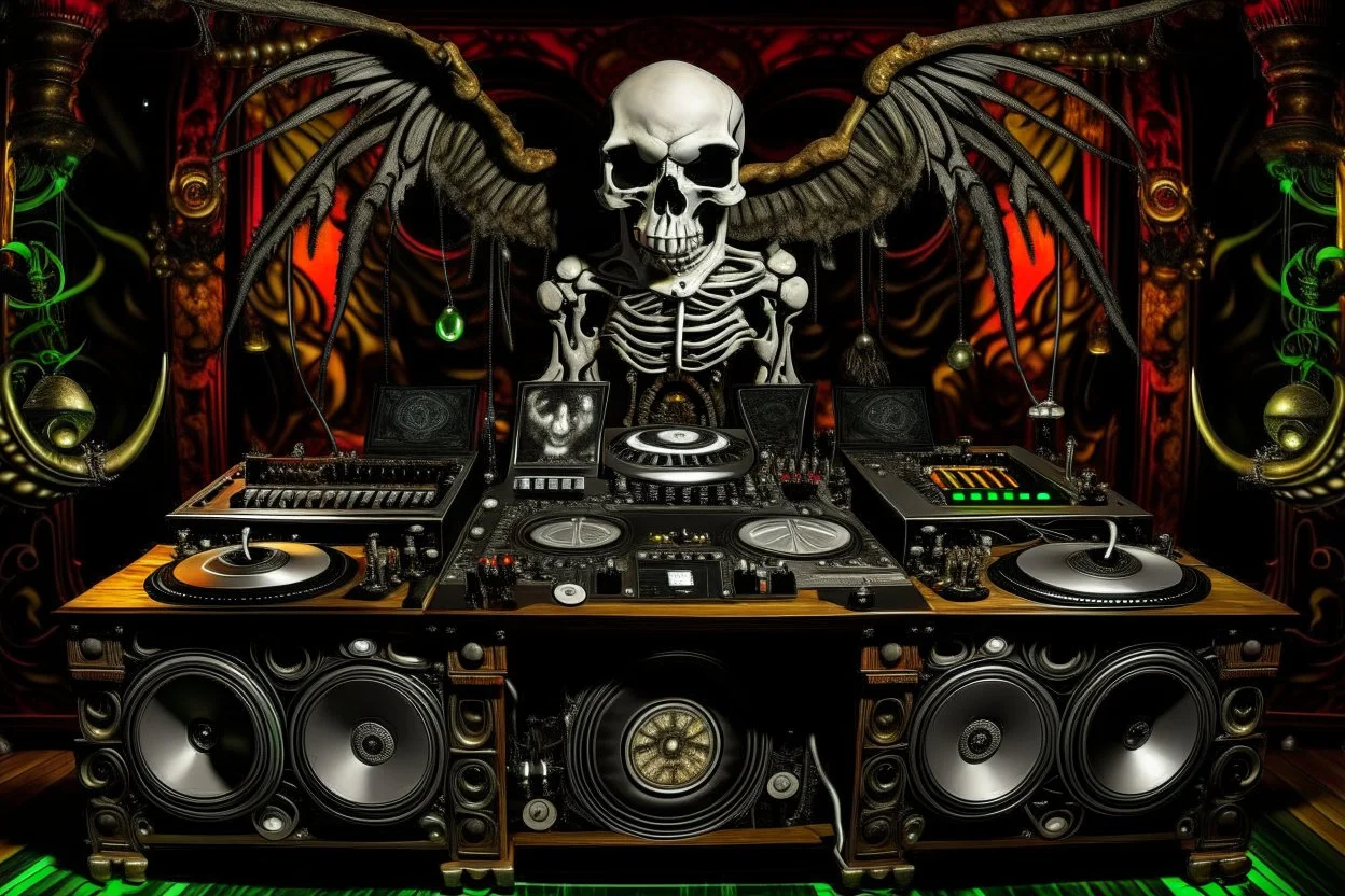 DJ of the damnded, insanely detailed DJ booth in hell, MID set, speakers and equipment made of bone, anatomically correct,