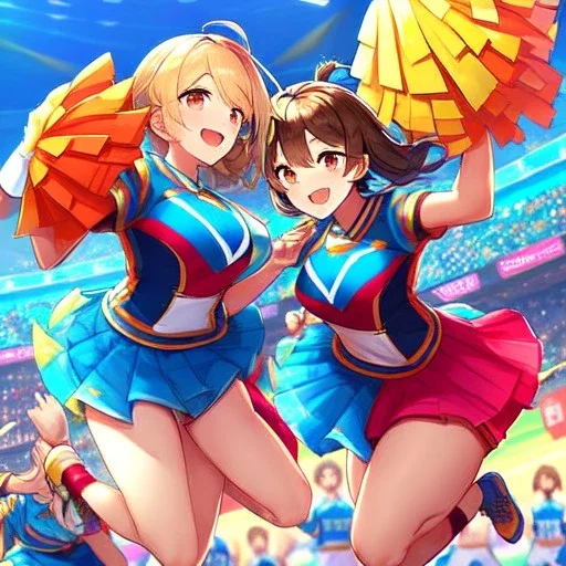 Clear focus,High resolution, three girls, wearing a cheerleader outfit, smiling, jumping, hair flowing