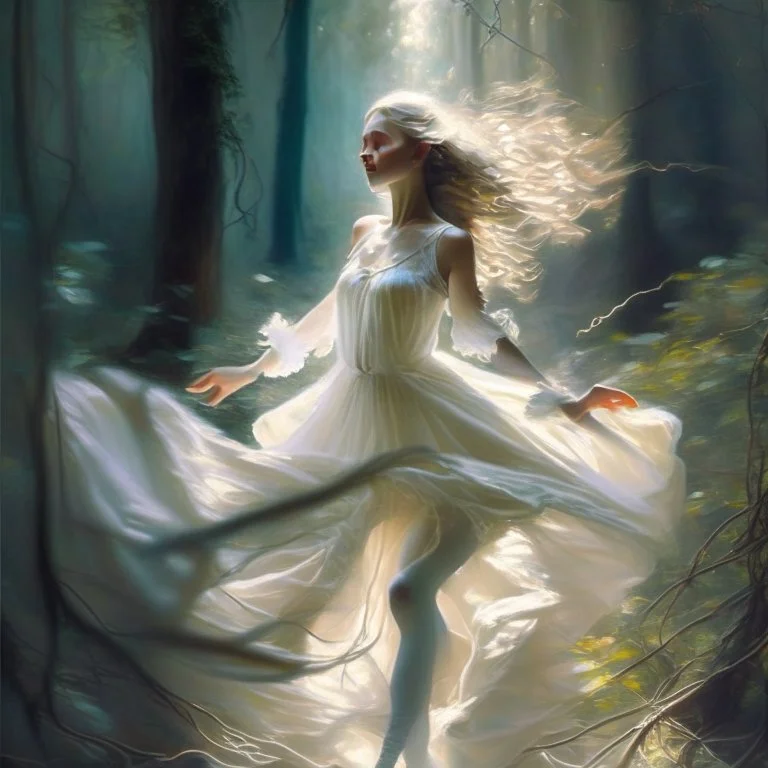 A sweet delicate music surrounding a gracious girl dancing barefoot in a forest, detailed beautiful face, she's wearing a white transparent dress, looks like a painting, volumetric lighting, depth of field