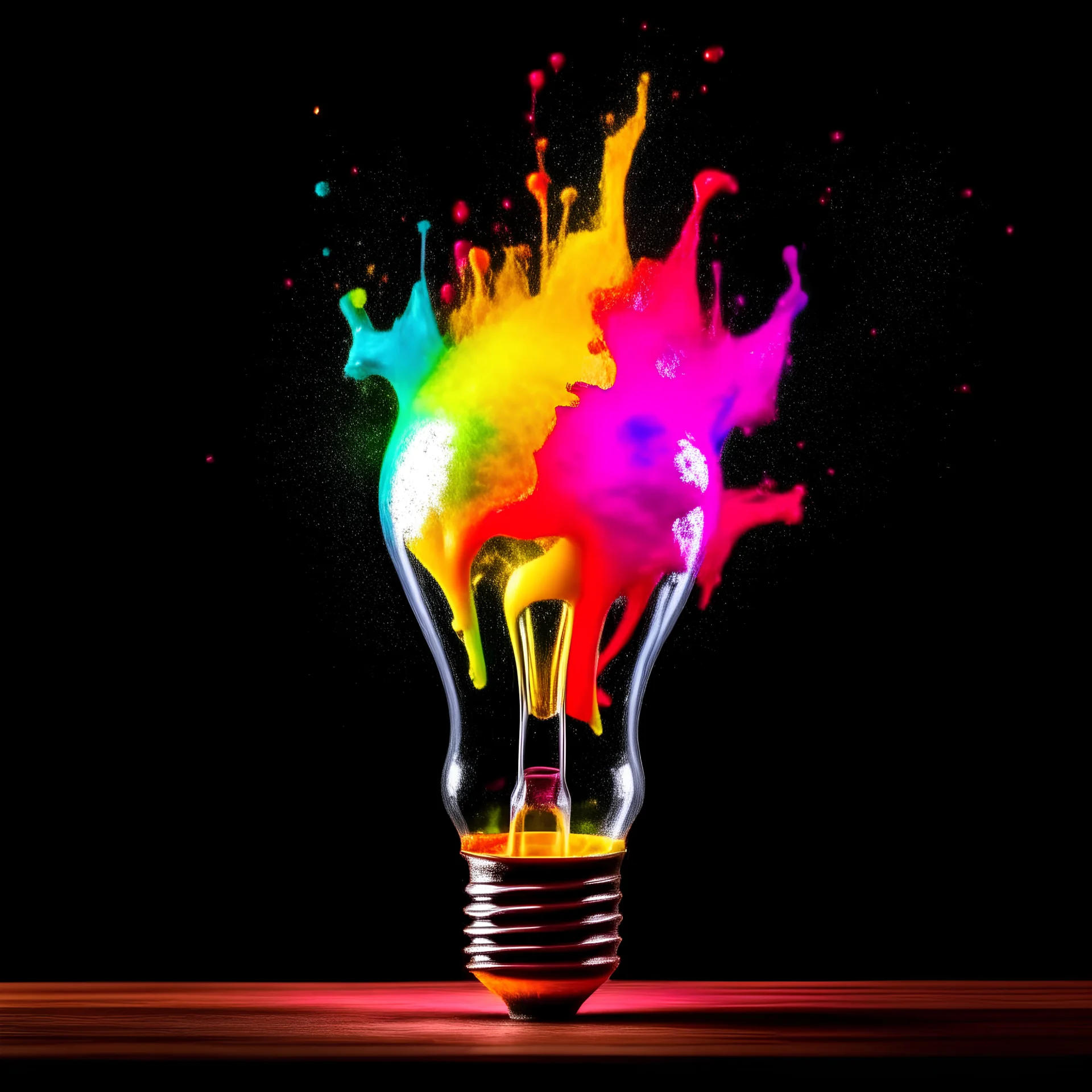 Creative light bulb explodes with colorful paint and splashes, cinematic lighting