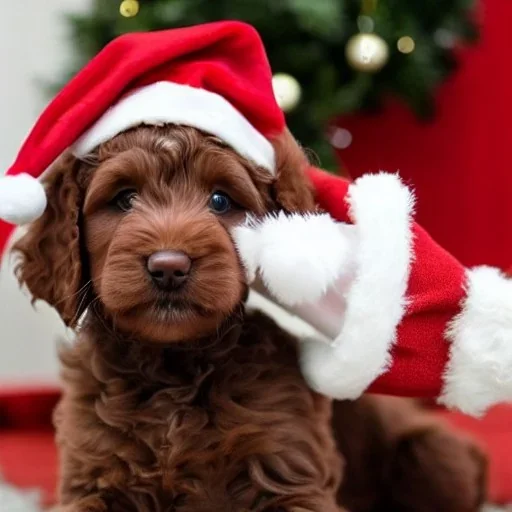 brown labradoodle puppy with a santa hat, very cute, adorable