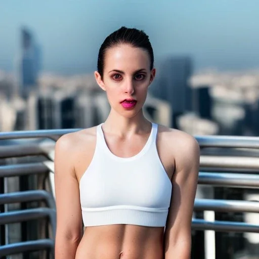 professional photo of a beautiful young woman, gorgeous beauty, sweaty pale skin, symmetrical face, wearing white sports bra, toned stomach, perfect boobs, dense voluminous hair, rooftop terrasse gym in background, penthouse environment, stunning background with city view, cinematic lighting, highly detailed, intricate, sharp focus, (((depth of field))), (((f/1.8))), 85mm, (((professionally color graded))), (((dusk))), soft diffused light, volumetric fog, hdr 4k, 8k