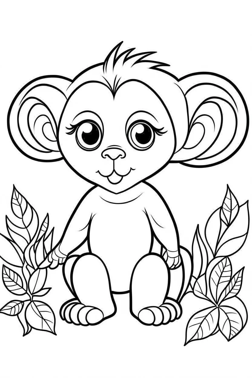 cute coloring page, sketch style, cute baby monkey in the jungle, cute cartoon, white and black, withe background, no shadows, outline.