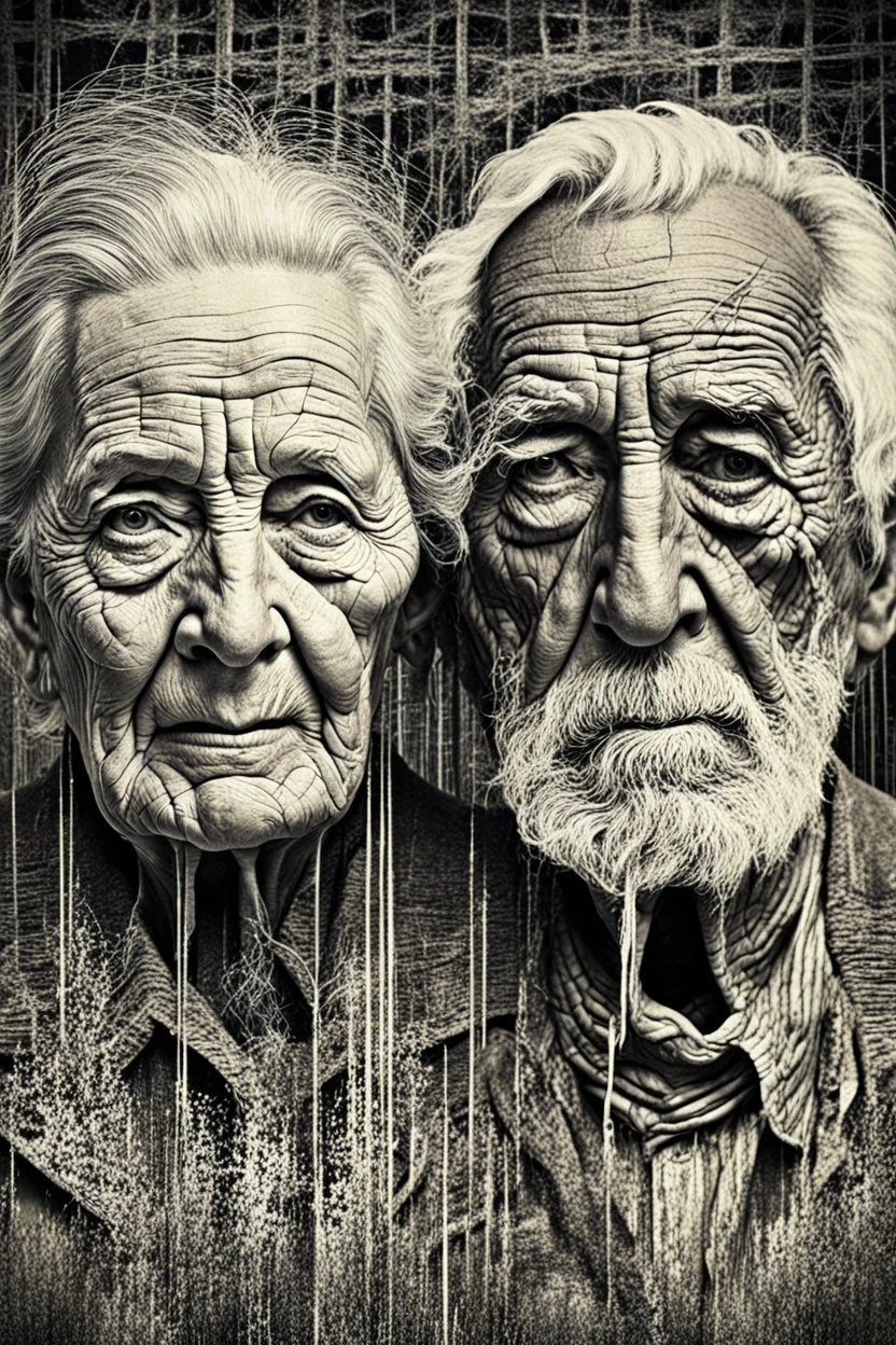 an old couple faces olae vintage photo with stronge glich technique, grey-brown, defects, graininess, white noise, lines, scratches, glitch art