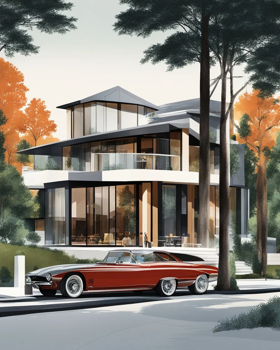 Architectural drawing of a luxurious modern country house, trees, people and cars, complementary colors