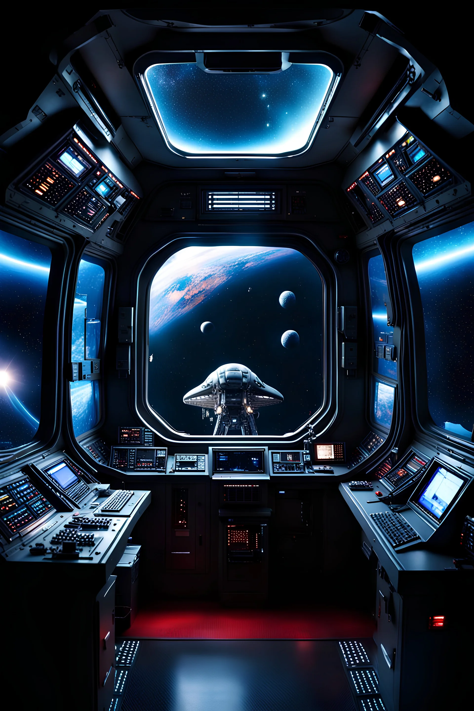 super Realistic photography, High EV, intense and strong lighting of the interior space of the command post of the space rocket, a wide view through the window into the cosmos. On the window is the Xenomorph movie intruder from the outside.