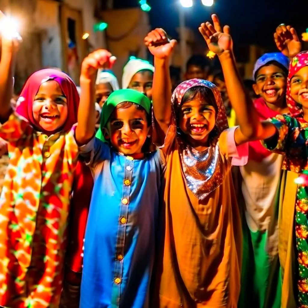 Abstract Libyan children celebrating end of ramadan