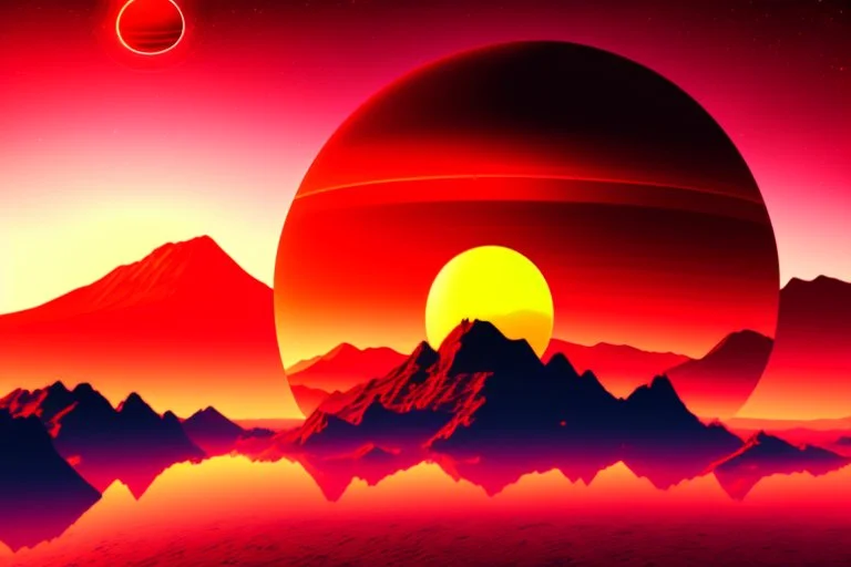 Exoplanet in red horizon, mountains, and sea