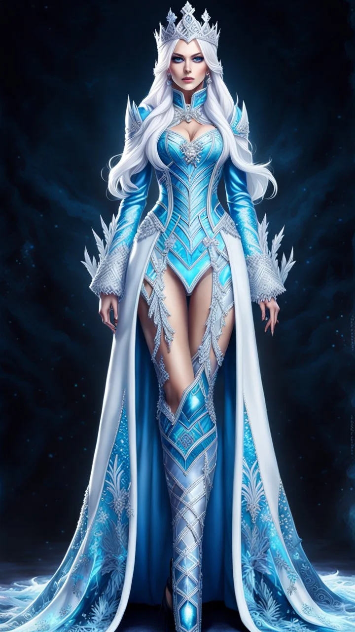 Full body de hermosa y malvada reina del hielo, pelo blanco, ojos azules luminosos, vestimenta intrincada, hiperdetallada, calidad ultra, increíble obra de arte, full body, piernas completas, pies completos