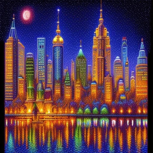 View of a city at night decal pointillism bas-relief