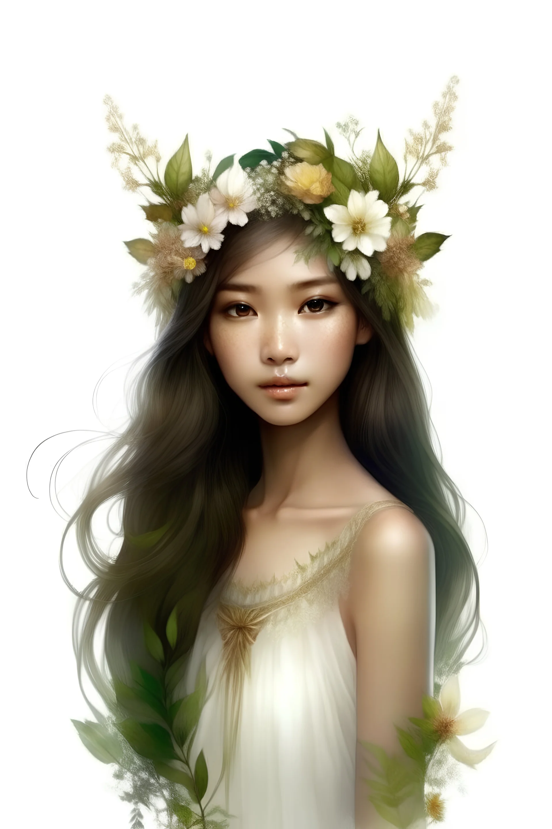 white background, turn this into magical fairy goddess, there are flowers on the head