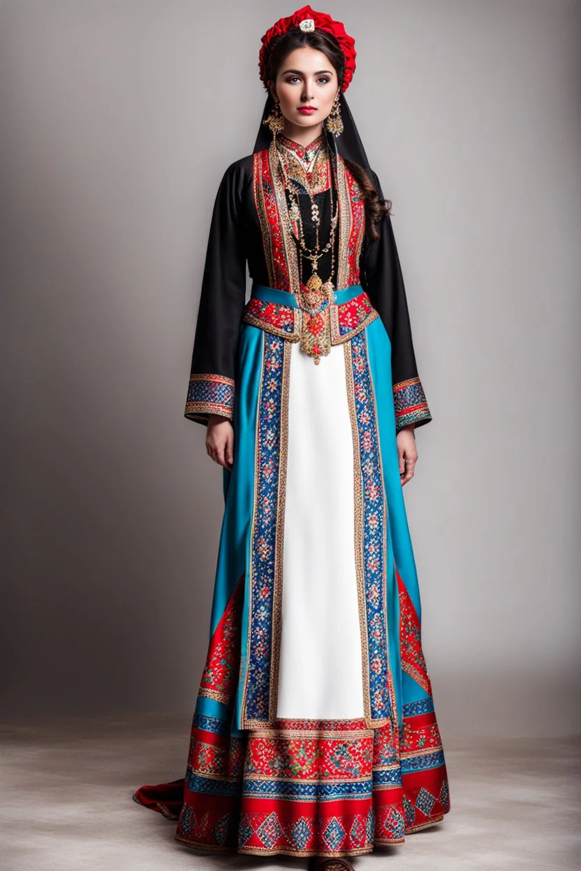 young lady in azeri national costume standing full body shot