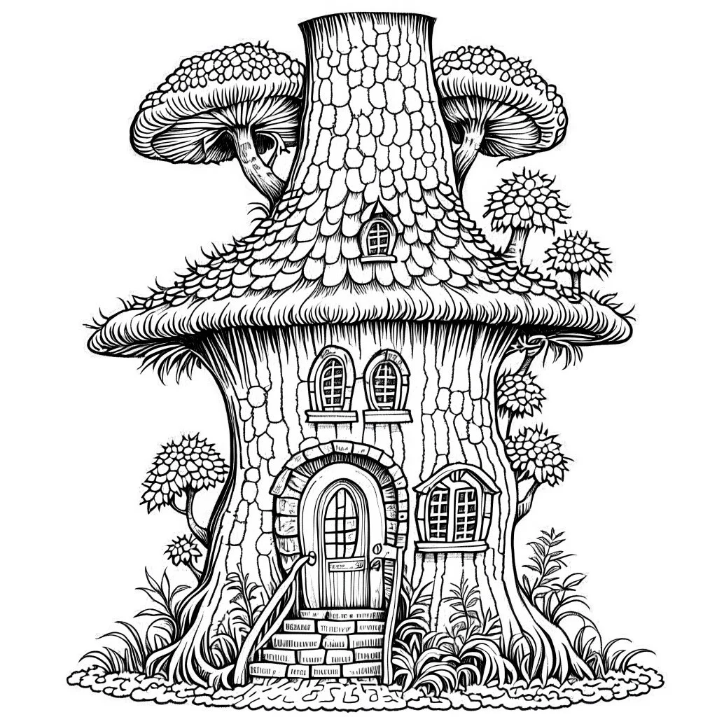 Fairy House, Whimsical Tree Hollow, exact shape, real image, minimal lines, white back ground color, real style, realistic, minimalistic, minimal black line art, line art, crisp line art, unique coloring sheet, outlined, outline, crisp, crisp line edges, illustration, thin lines, crisp clear lines, line art, clean line art, unique, 8k, amazing, masterpiece, no colors, no dark color, no black color, avoid thick black, minimalistic line edges, pure white back ground,